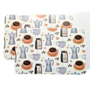 Perfect Blend Coffee Placemats 2-pc Kitchen Cups Saucers Beans Hearts Plastic